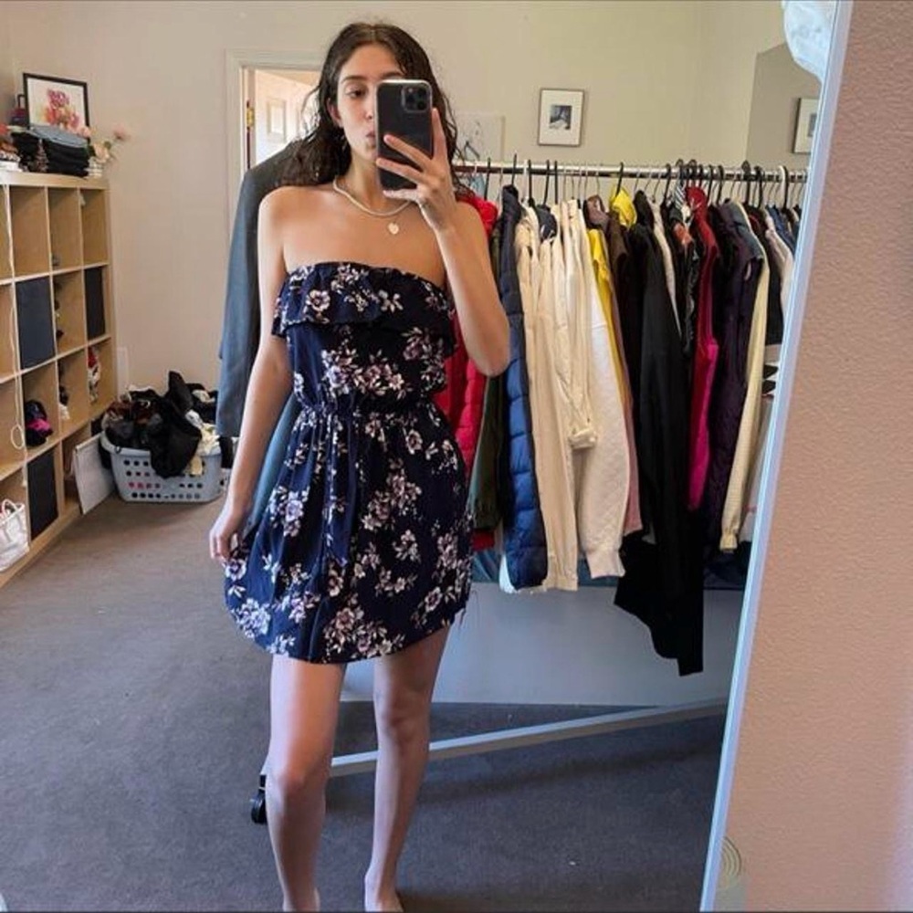 Mossimo Supply Co. Navy Floral Strapless Dress